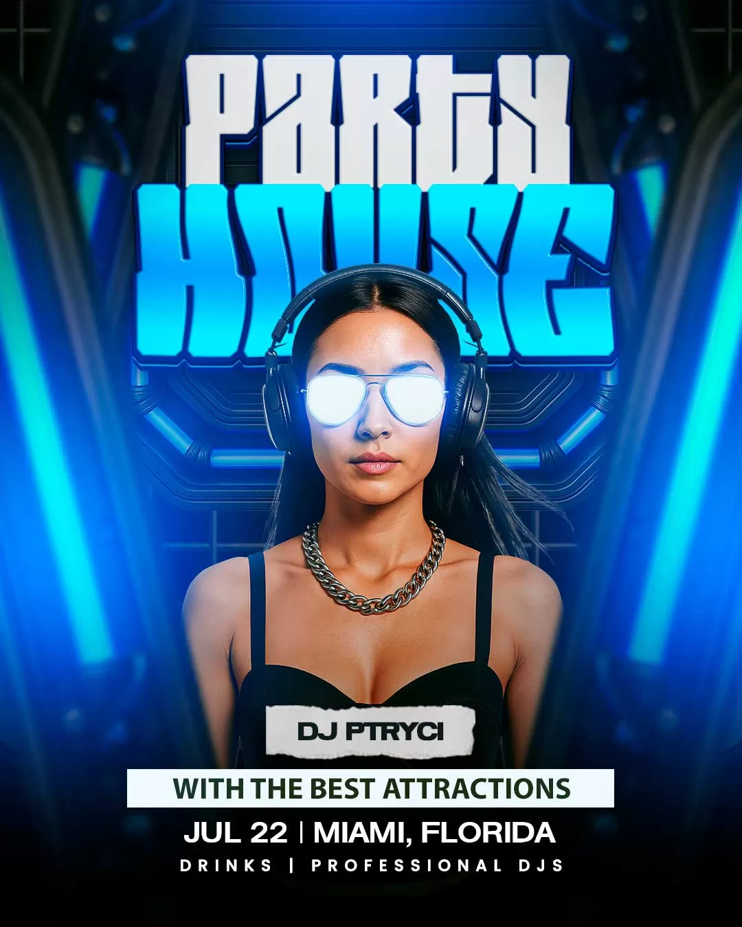 Editable PSD night club party invitation template with neon design for Photoshop